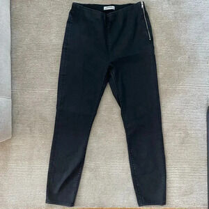Zara High Waisted Pull On Zipper Zip Side Black Stretch Straight Skinny Jeans L
